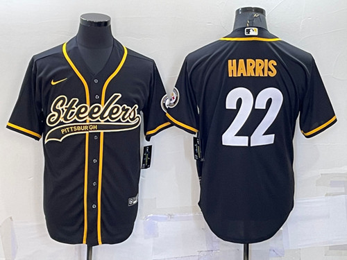 Men's Pittsburgh Steelers #22 Najee Harris Black With Patch Cool Base Stitched Baseball Jersey